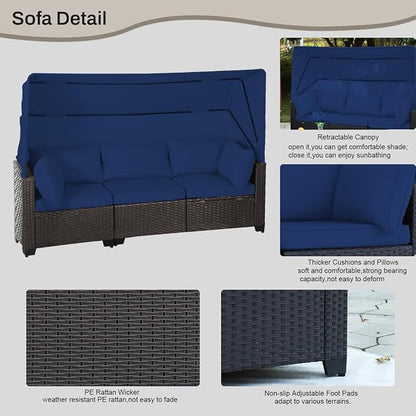 6 PCS Outdoor Patio Furniture Set,Sectional Sofa Set,Rattan Daybed with Retractable Canopy,Adjustable Backrest,Storage Coffee Table,Chaise Chair Sunbed for Garden Poolside Backyard(Dark Blue)