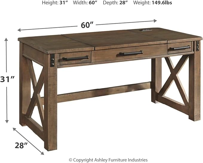 Signature Design by Ashley Aldwin Rustic Farmhouse 60" Home Office Lift Top Desk with Charging Ports, Distressed Gray