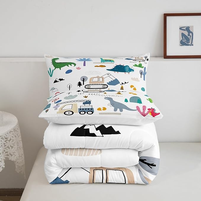 Cartoon Car Comforter Set King Size, Kawaii Dino Bedding For Child, Machinery Trucks Construction Vehicle Cartoon Dinosaurs Bedding Comforter Sets, Cute Wild Animal Equipment Blue Gray Green Quilt