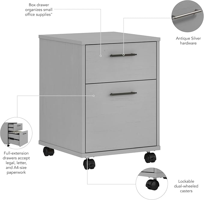 Bush Furniture Key West 2 Drawer Rolling File Cabinet in Cape Cod Gray, Mobile Organization for Home Office, Small Under Desk Storage on Wheels
