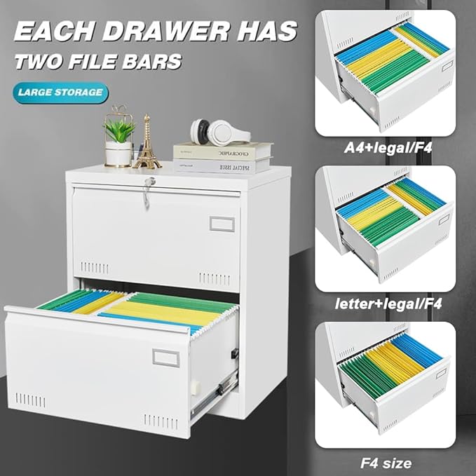 2 Drawer Lateral Lock and Card Holder, Multifunctional Metal Filing Cabinets w/Heavy 3 Section Slide Rail & Breathable Holes,for Legal/Letter/A4,White