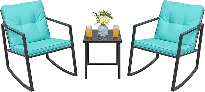 Greesum 3 Piece Rattan Patio Furniture Set with Rocking Chairs, Glass Table and SOLPEX 16 Pack Solar Deck Lights for Outdoor Stairs, Fence and Pathway