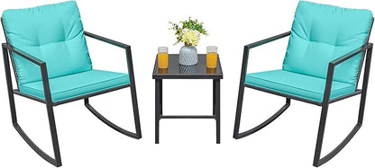 Greesum 3 Pieces Rocking Wicker Bistro Set, Patio Outdoor Furniture Conversation Sets with Porch Chairs and Glass Coffee Table, Blue