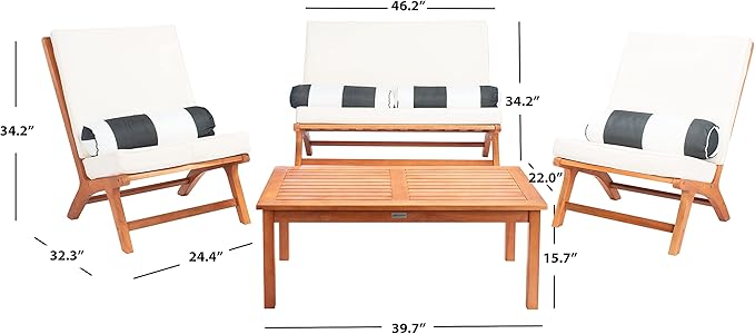 Safavieh PAT7044C Outdoor Collection Chaston Natural and Beige 4-Piece Black & White Pillows Patio Set