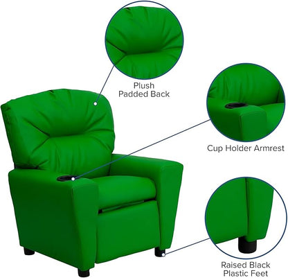 Flash Furniture Chandler Vinyl Kids Recliner with Cup Holder and Safety Recline, Contemporary Reclining Chair for Kids, Supports up to 90 lbs., Green
