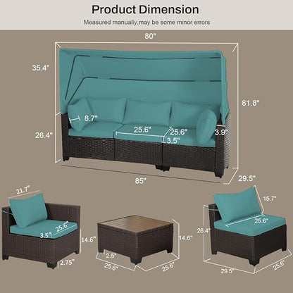 6 PCS Outdoor Patio Furniture Set,Sectional Sofa Set,Rattan Daybed with Retractable Canopy,Adjustable Backrest,Storage Coffee Table,Chaise Chair Sunbed for Garden Poolside Backyard(Walnut Green)