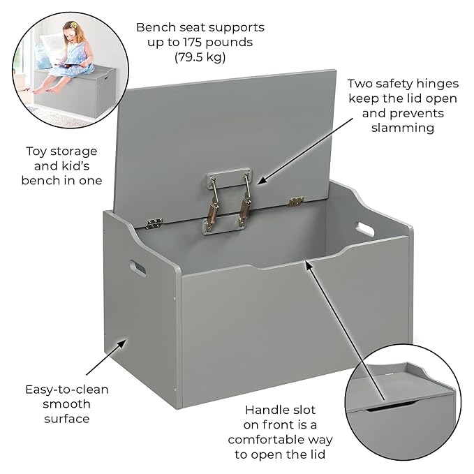 Badger Basket Kid's Wooden Toy Box and Storage Bench Seat with Safety Hinge - Gray