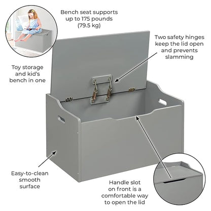 Badger Basket Kid's Wooden Toy Box and Storage Bench Seat with Safety Hinge - Gray