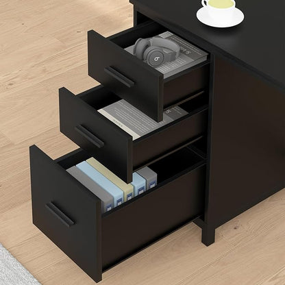 HSH Large Black L Shaped Desk, Corner Wood Computer Desk with Drawer, Modern Work Home Office Desk with Storage Cabinet, Industrial Executive PC Study Writing Desk for Living Bedroom, Black, 59 Inch