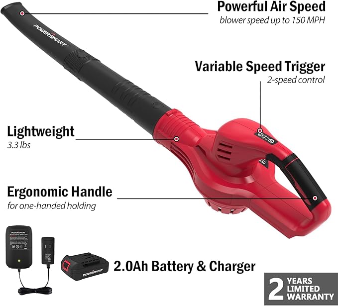 PowerSmart Cordless Leaf Blower with Battery and Charger, 2 Speed Mode, 20V Electric Lightweight Small Battery Powered Leaf Blower for Lawn Care, Patio, Jobsite