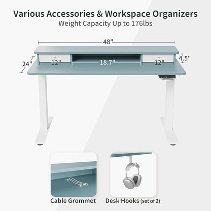 FEZIBO 48 x 24 Inch Height Adjustable Electric Standing Desk with Double Drawer, Stand Up Desk with Storage Shelf, Sit Stand Desk, Blue
