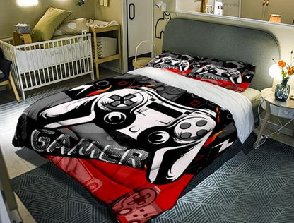 Sunnycitron Red Gamer Comforter Set for Boys Gaming Bedding Set Teens Game Room Decor Twin (1 Comforter + 2 Pillowcase)