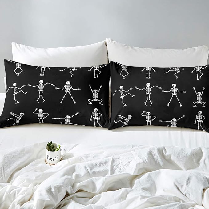 Erosebridal Sugar Skull Comforter Set Full Size Skeleton Bones Bedding Set for Kids Boys Girls Teens Adult Halloween Horror Theme Down Comforter Gothic Spooky Duvet Sets with 2 Pillow Cases