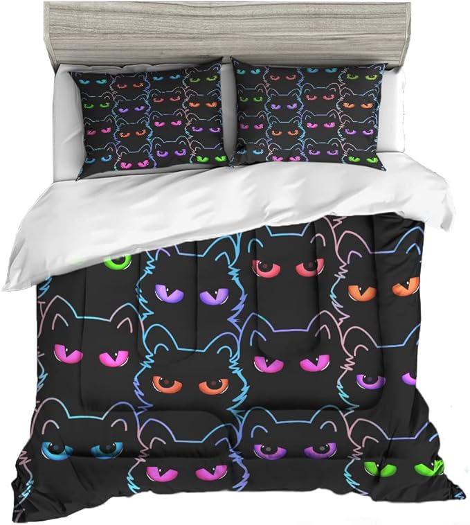 Sunnycitron Cartoon Cat Bedding Full size Black Cat Comforter Gradient Line Bedding set 3D Neon Cat Comforter Cute Cat Bed Set Black Cat Quilt set for Teens Kids Boys Girls Adults