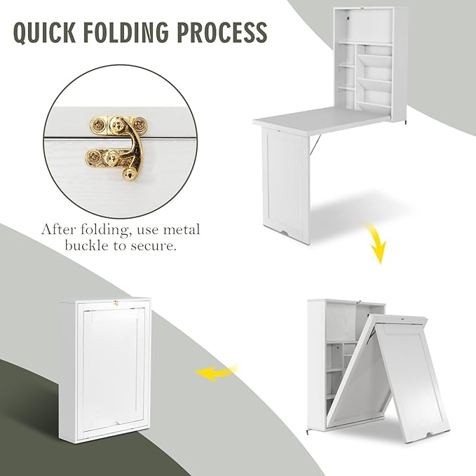 Wall Mounted Table w/Classified Storage Space, Foldable Multiple-Purpose Desk, Sturdy Wood Structure, White