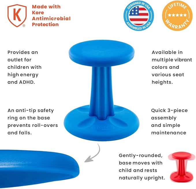 Kore Kids Junior Wobble Chair - Flexible Seating Stool for Classroom, Elementary School, ADD/ADHD - Made in The USA - Junior- Age 8-9, Grade 3-4, Blue (16in)