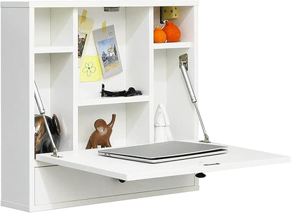 2 in 1 Foldable Tabletop, Folding Wall Mount Laptop Storage Compartments Space Saving Floating Desk, Small, White