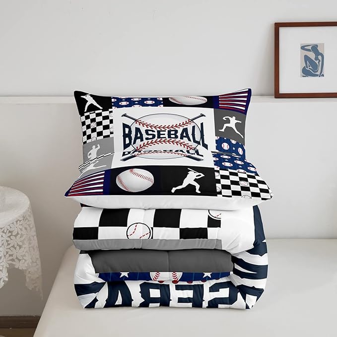 Erosebridal Baseball Quilt Set Teen Boys Baseball Bedding Comforter Set Queen Size Bed,Kids Sports Bed Comforter Sets Black White Geometric Checkered Grids Duvet Set for All Season 2 Pillowcases