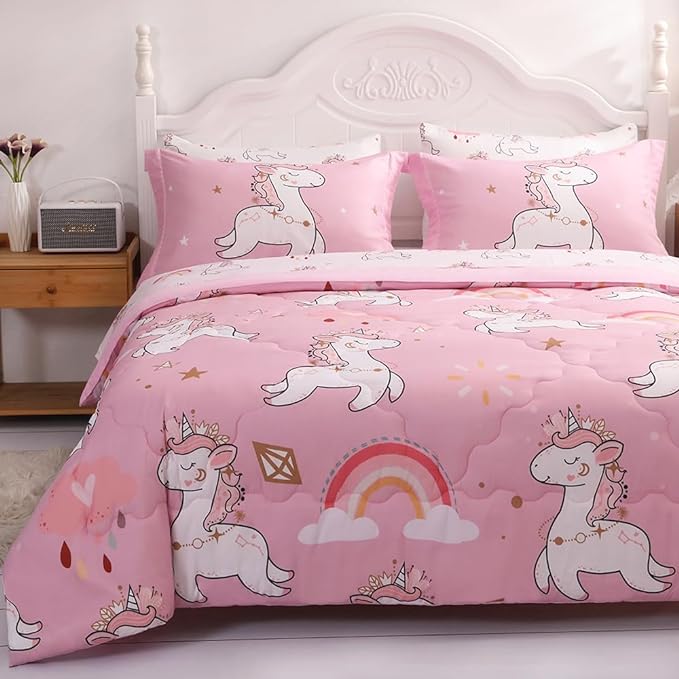 Wajade Kids Pink Unicorn Comforter Set Bed in A Bag Twin Size 7 Piece Cute Unicorn Rainbow Clouds Bedding Set for Girls (1 Comforter, 1 Flat Sheet, 1 Fitted Sheet, 2 Pillowcase and 2 Pillow Sham)