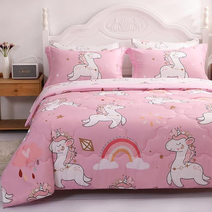Wajade Kids Pink Unicorn Comforter Set Bed in A Bag Full Size 7 Piece Cute Unicorn Rainbow Clouds Bedding Set for Girls (1 Comforter, 1 Flat Sheet, 1 Fitted Sheet, 2 Pillowcase and 2 Pillow Sham)