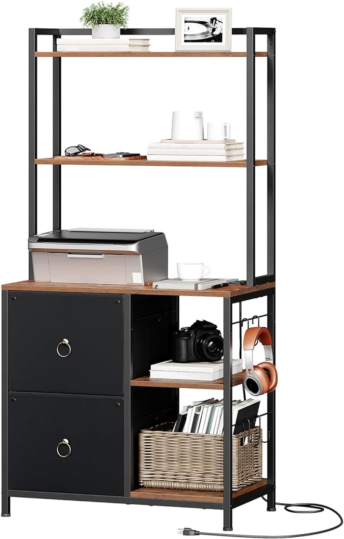 HOOBRO File Cabinet, Filing Cabinet with Charging Station, office cabinet with Bookshelf and Open Storage Shelf, for Home Office, A4/Letter Size, Nonwovens Drawer, Black and Rustic Brown BFK70UWJ01