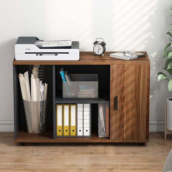 Tribesigns 39 inches File Cabinet, Large Storage Printer Stand, Mobile Filling Office Cabinet with Wheels, Doors and Open Storage Shelves,Dark Walnut