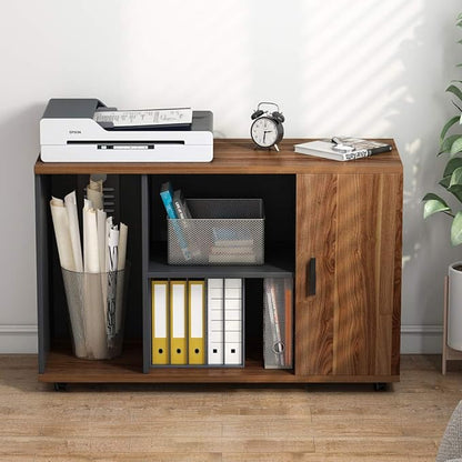 Tribesigns 39 inches File Cabinet, Large Storage Printer Stand, Mobile Filling Office Cabinet with Wheels, Doors and Open Storage Shelves,Dark Walnut