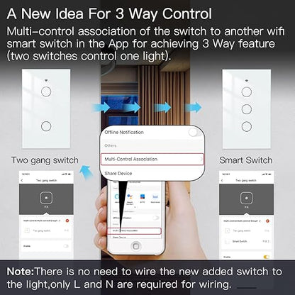MOES 2.4GHz WiFi Wall Touch Smart Switch Neutral Wire Required, 3 Way Multi-Control, Glass Panel Light Switch Work with Smart Life/Tuya App, RF433 Remote Control, Alexa and Google Home White 2 Gang