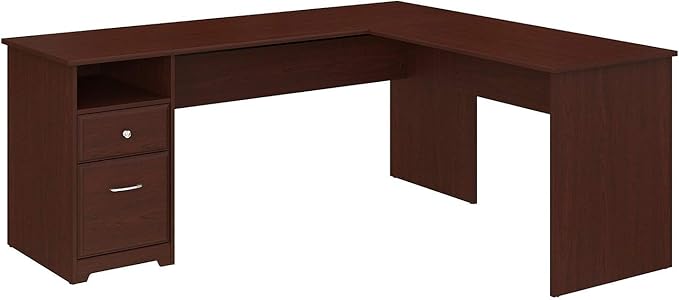 Bush Furniture L Shaped Desk with Drawers for Executive and Home Office | Cabot Collection Corner Table with Storage and Chrome Hardware Return, 72W, Harvest Cherry