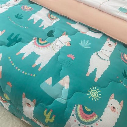 Wajade Kids Llama Comforter Set Bed in A Bag Twin Size 7 Piece Cute Alpaca Tropical Plant Cactus Bedding Set for Girls Boys (1 Comforter, 1 Flat Sheet, 1 Fitted Sheet, 2 Pillowcase and 2 Pillow Sham)