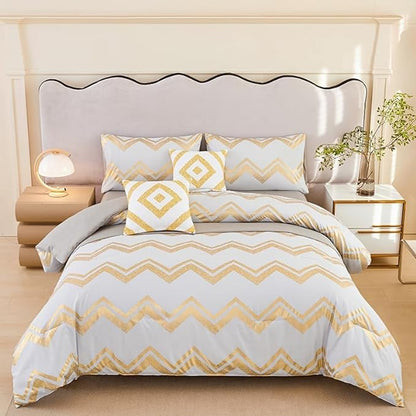 7PCS Gold and Grey Comforter Set,Grey Bedding Set Full Size,Metallic Blush and Grey Bedding Set Full,Bed in A Bag Full Comforter for Teen Girls Women,Bedroom Decoration Full 7Pcs