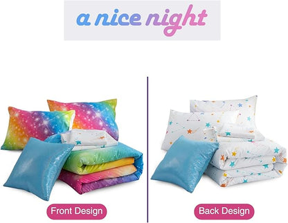 A Nice Night 6Pcs Gradient Glitter Bedding Set for Girls, Colorful Rainbow Galaxy Comforter Set, Ultra Soft Bedding Sets (Multi,Twin 6Pcs)
