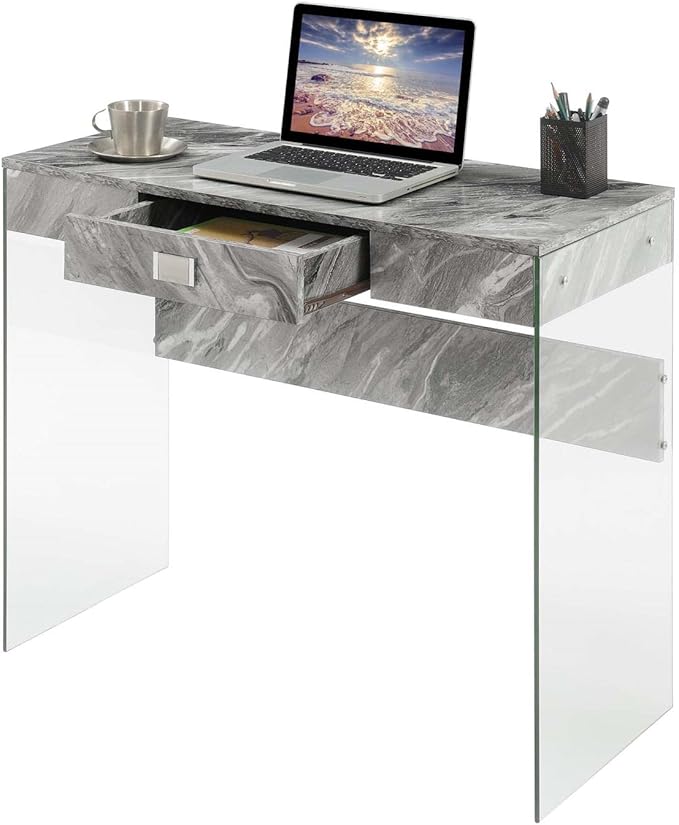 Convenience Concepts SoHo 1 Drawer Glass 36 inch Desk, Gray Faux Marble/Glass