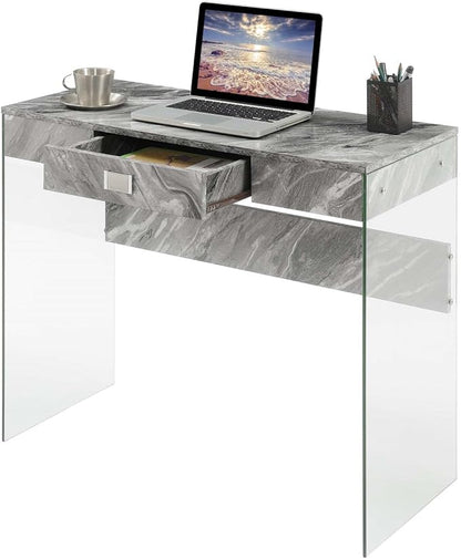 Convenience Concepts SoHo 1 Drawer Glass 36 inch Desk, Gray Faux Marble/Glass