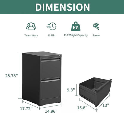 2 Drawer File Cabinet with Lock, Metal Vertical Filing Cabinets for Home Office, Steel Storage Cabinet for Hanging Legal/Letter Size Files, Assembly Required (Black)