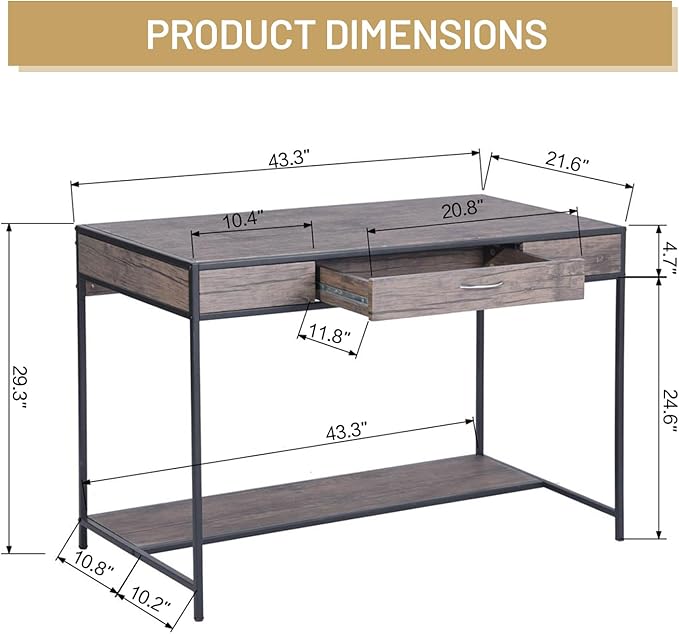 FurnitureR Vintage Wooden Computer Desk with Drawer, 43 Inches Industrial Writing Desk Workstation with Metal Legs and Bottom Shelf for Home Office, Brown