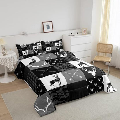 Deer Antler Silhouette Kids Comforter Set Full Size,Geometric Plaids Arrows Boho Bedding Set,Wild Animals Hunting Rustic Adventure Comforter,Camo Black Grey Quilt Set for Boys Girls Room Decor