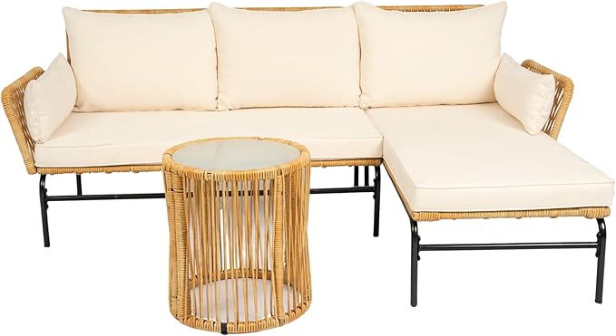 3-Piece Outdoor PE Rattan Furniture Set, Patio Wicker Conversation Loveseat Sofa Sectional Couch with Thick Cushion for Backyard, Deck, Poolside, Zn-Light Yellow