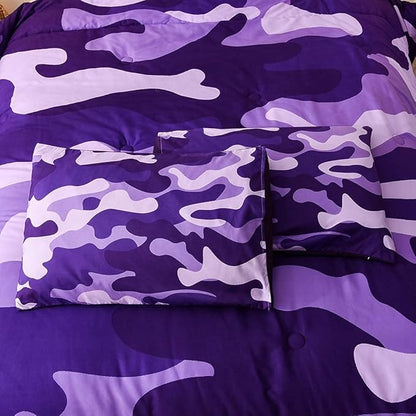 Meeting Story Camouflage Bedding Set, Purple Camouflage Comforter Set, 3 PCS One Comforter and Two Pillowcases, Lightweight Bedspread for Girls Teens Adults (Purple, Queen)