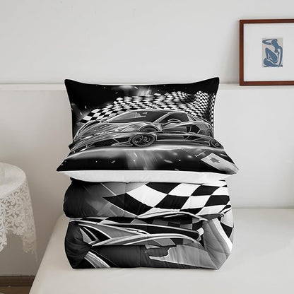 Racing Car Comforter Set, Cool Speed Race Car Down Comforter Queen for Kids Boys Girls Teens Bedroom, Automobile Extreme Sport Bedding Set Plaid Checkered Duvet Sets with 2 Pillowcases,Grey