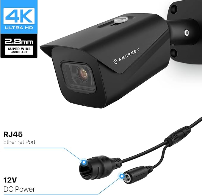 Amcrest UltraHD 4K (8MP) Outdoor Bullet Security IP POE Camera, 98ft NightVision, 2.8mm Lens, IP67 Weatherproof, 256GB MicroSD Recording, Black (IP8M-2496EB-V2)