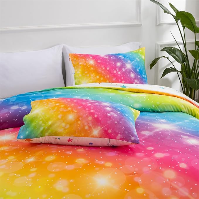Holawakaka Girls Ombre Glitter Comforter Set, Twin Size Gradient Rainbow Galaxy Print Kids Bedding Sets, Multi-Color Ultra-Soft Dorm Bed Set (Multi-color,Twin)