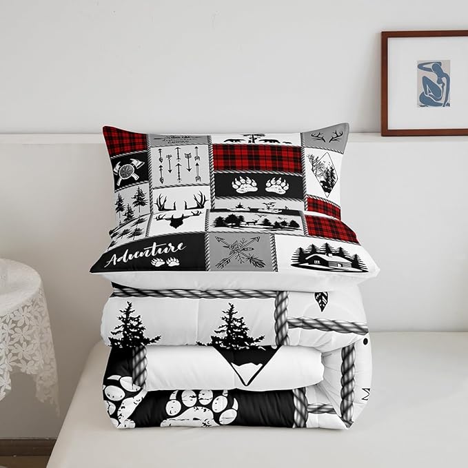 Deer Antlers Comforter Set Full Size,Bear Paws Pine Trees Xmas Bedding Set for Kids Boys Girls Adults Room Decor,Lattices Patchwork Rustic Farmhouse Down Comforter,Red Duvet Insert,2 Pillowcases