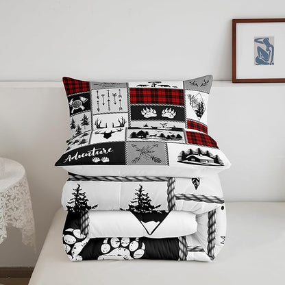 Deer Antlers Comforter Set Full Size,Bear Paws Pine Trees Xmas Bedding Set for Kids Boys Girls Adults Room Decor,Lattices Patchwork Rustic Farmhouse Down Comforter,Red Duvet Insert,2 Pillowcases