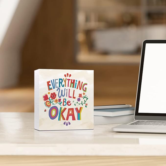Ruvoty Everything Will Be Okay Colorful Word Art Wooden Sign Desk Decor,Inspirational Wood Block Sign Desk Decorations for Home Bedroom Dorm Office Desk Shelf Table Decor