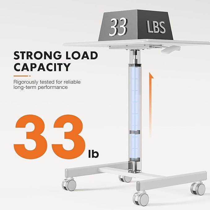 edx Small Mobile Rolling Standing Desk - Overbed Table, Teacher Podium with Wheels, Adjustable Work Table, Rolling Desk Laptop Computer Cart for Home, Office, Classroom, White