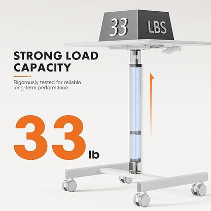 edx Small Mobile Rolling Standing Desk - Overbed Table, Teacher Podium with Wheels, Adjustable Work Table, Rolling Desk Laptop Computer Cart for Home, Office, Classroom, White