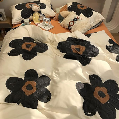 Black Floral Comforter Set Black and White Bedding Full Comforter Set Hand-Drawn Flowers Cotton Women Modern Elegant Chic Quilts Blankets Lightweight Black Flower Reversible Bed Comforter Set