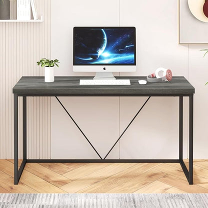 55 inch Computer Desk, Vintage Work Desk for Home Office, Rustic Wood and Metal Study Writing Table, Grey