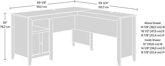 Sauder Dakota Pass L-Desk, L: 59.09" x W: 59.72" x H: 30.00", White Off-White